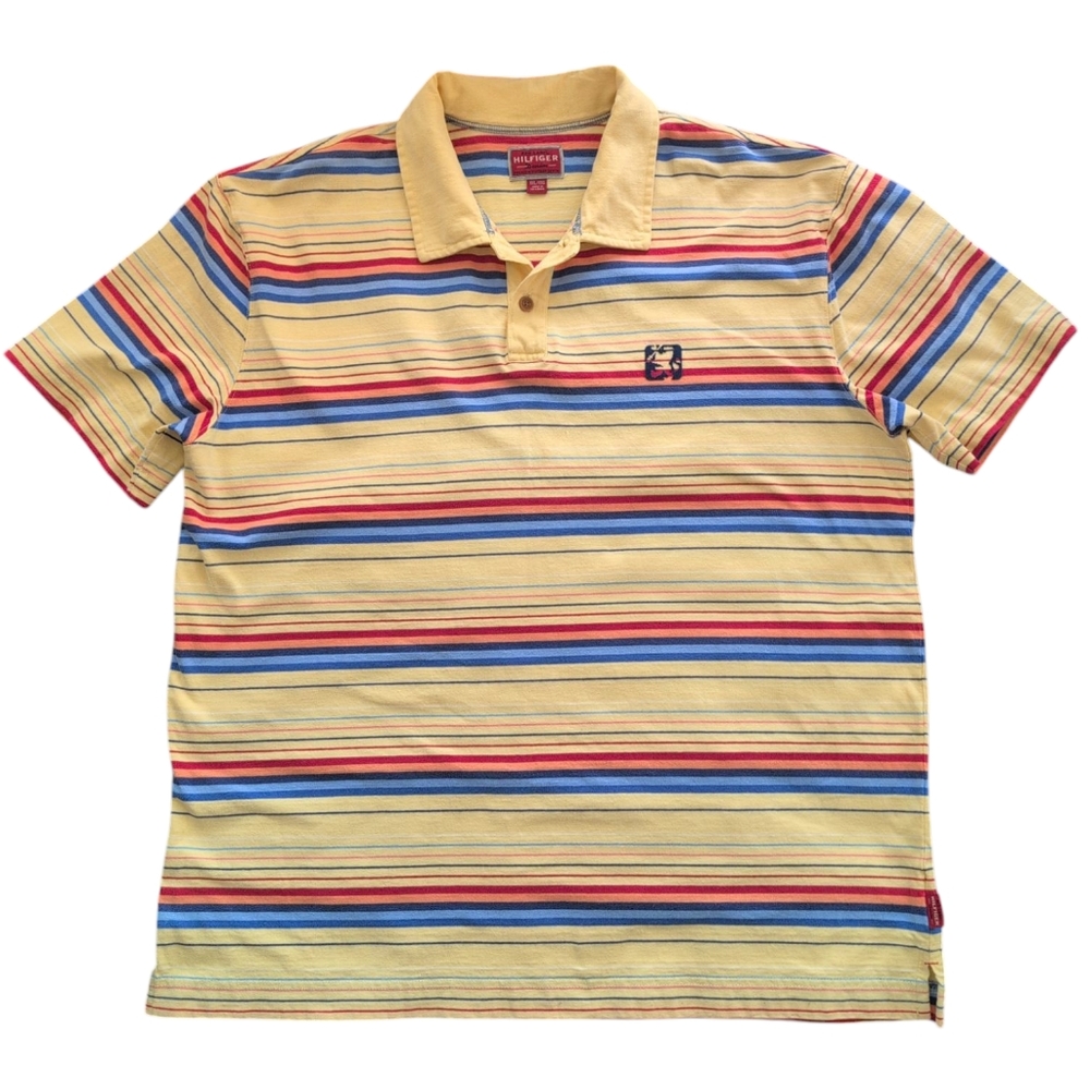 Tommy Hilfiger Polo Mens XXL Red Label Denim Premium Vintage Denim Yellow Stripe